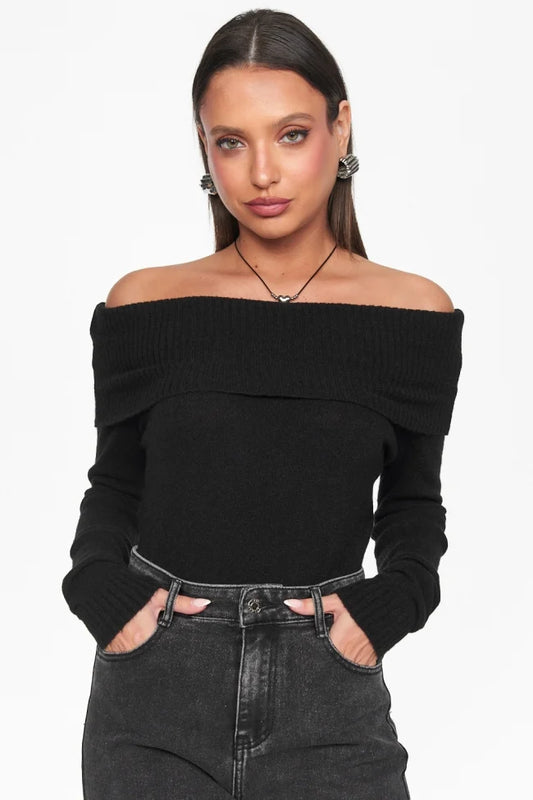 Top Πλεκτό Off Shoulder ΜΑΥΡΟ